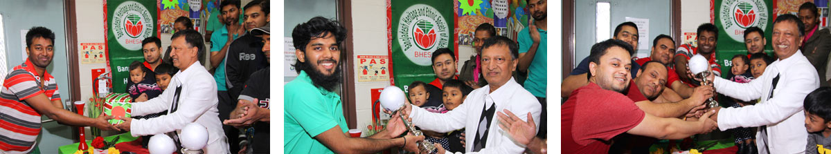 Delwar Jahid handing out trophies to the Man of the Match Tanvir Hasan (left), Runners-Up Edmonton Jomidars (middle), and the Winning Team Edmonton Lathials (right) Delwar Jahid handing out trophies to the Man of the Match Tanvir Hasan (left), Runners-Up Edmonton Jomidars (middle), and the Winning Team Edmonton Lathials (right)